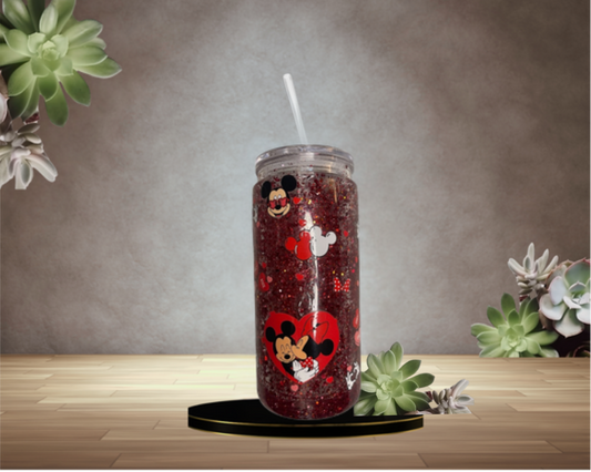 20oz. Mickey and Minnie Hearts Libby Snow globe Cup w/straw